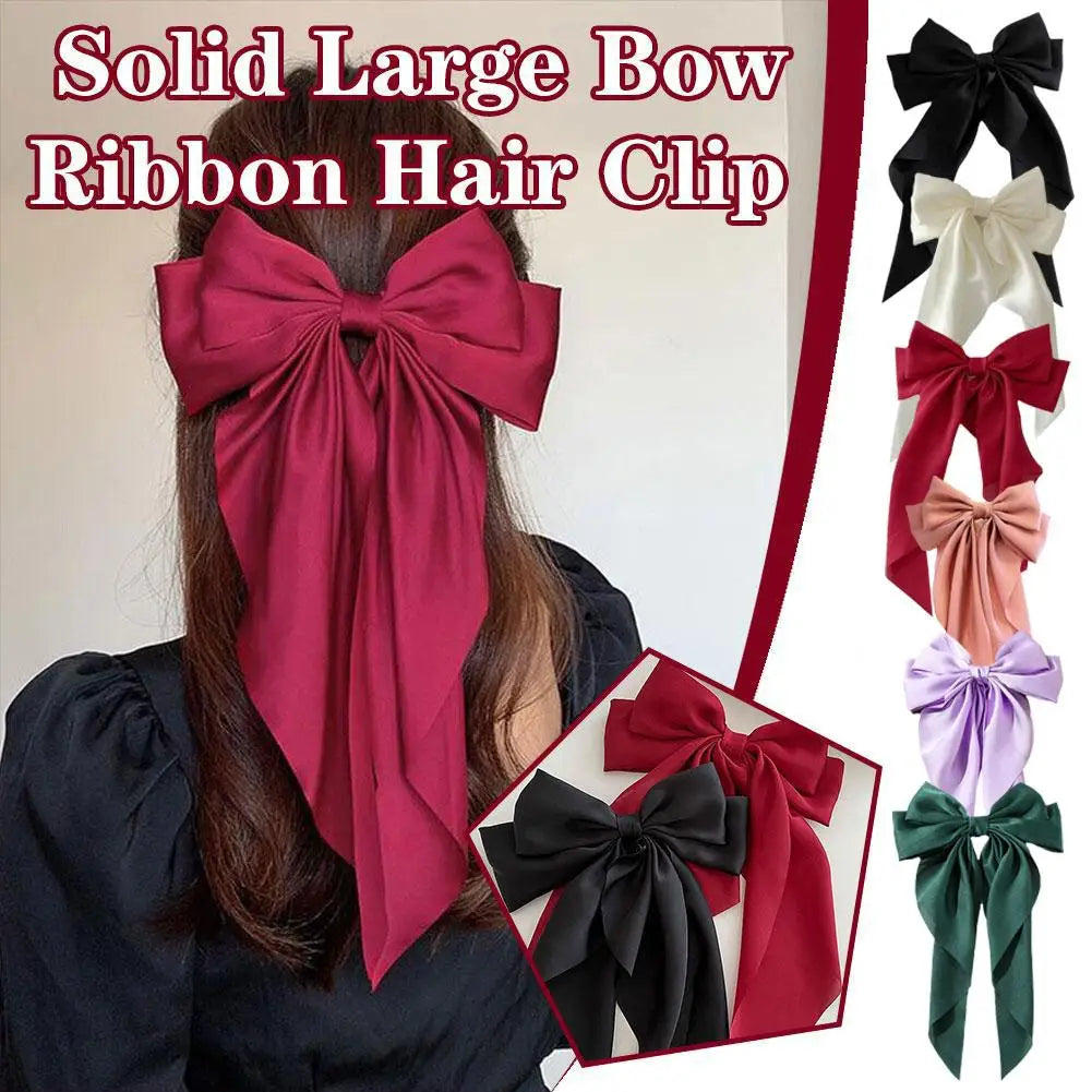 Elegant Large Bow Ribbon Hair Clip for Women Fashion Simple Solid Satin Spring Clip Ponytail Bow Hairpin Girls Hair Accesso K7U8