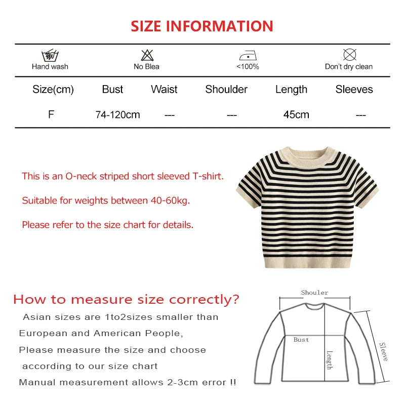 Women Summer New Versatile O-neck Striped Short Sleeved T-shirt Elastic Simple Basic Crop Tops Slim Outer Wear Knit Bottom Shirt