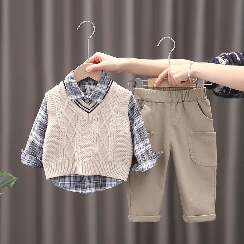 Baby Boy Clothes Mother Kids Spring Clothing Sets Sweater Vest 3pcs  Toddler Pants Cotton Korean Version of Children's Set Suit