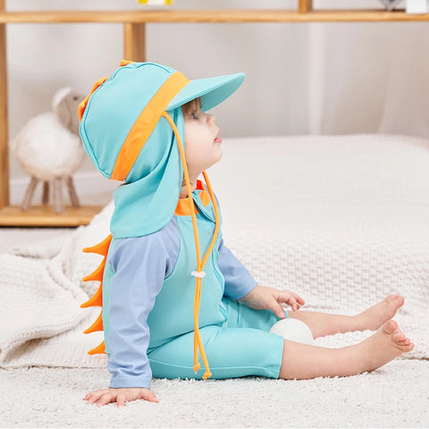 Baby Swimsuit One-Piece Bathing Suit Boy with Sun Cap UPF50 UV Protection Long Sleeve Dinosaur Children's Swimwear for Toddler