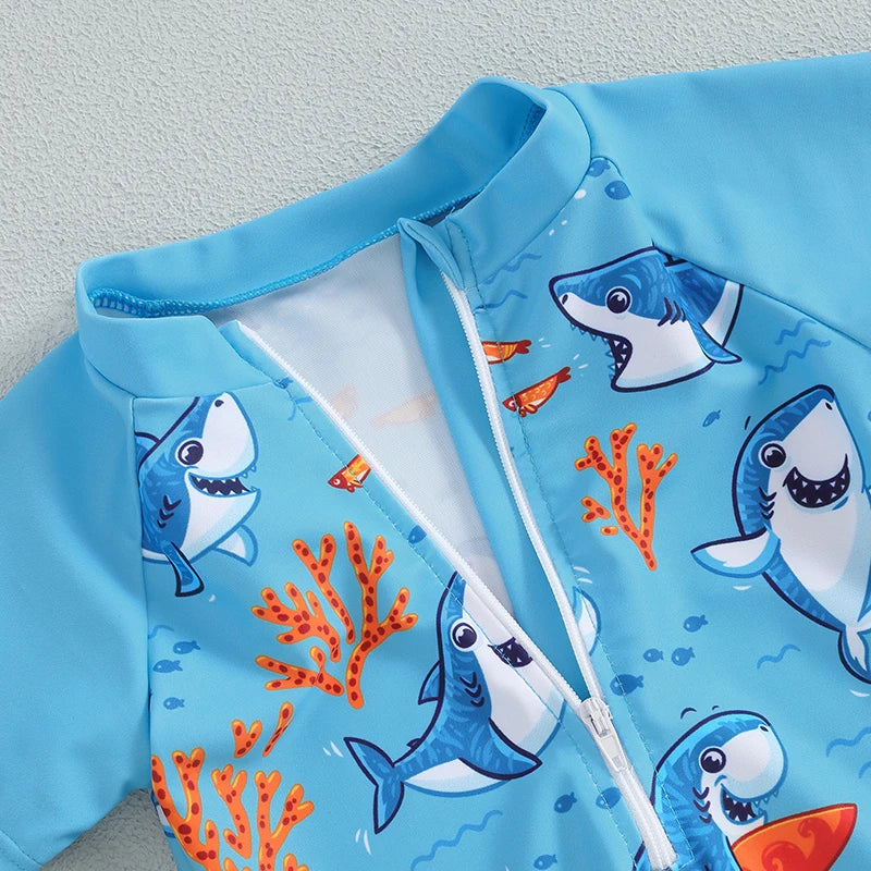 Fashion New Baby Boys Swimsuit 3CS Summer Rash Guard Beachwear Set Short Sleeve Shark Tree Print Top Shorts Hat Toddler Swimwear