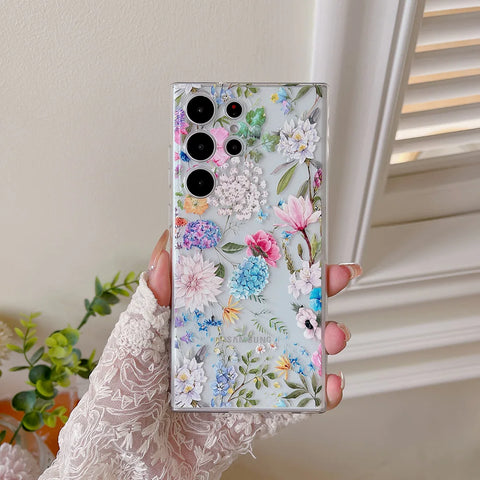 For Samsung Galaxy S24 S23 Ultra S22 S21 Plus FE A14 A23 A34 A54 Flower pattern Transparen Case Shockproof Soft Silicone Cover