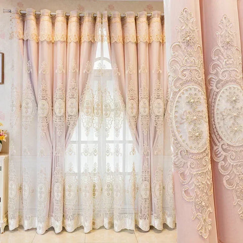 Luxury Embossed Embroidered Double Layer Curtains for Living Room Blackout 3D Floral Pearl Sheer Tulle Bedroom Decor Custom lace