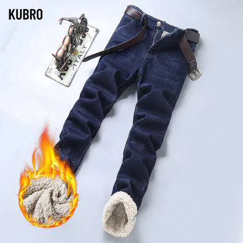 KUBRO Autumn Winter Men's Classic Regular Fit Fleece Jeans Business Fashion Casual Stretch Pants Brand Padded Wool Warm Trousers