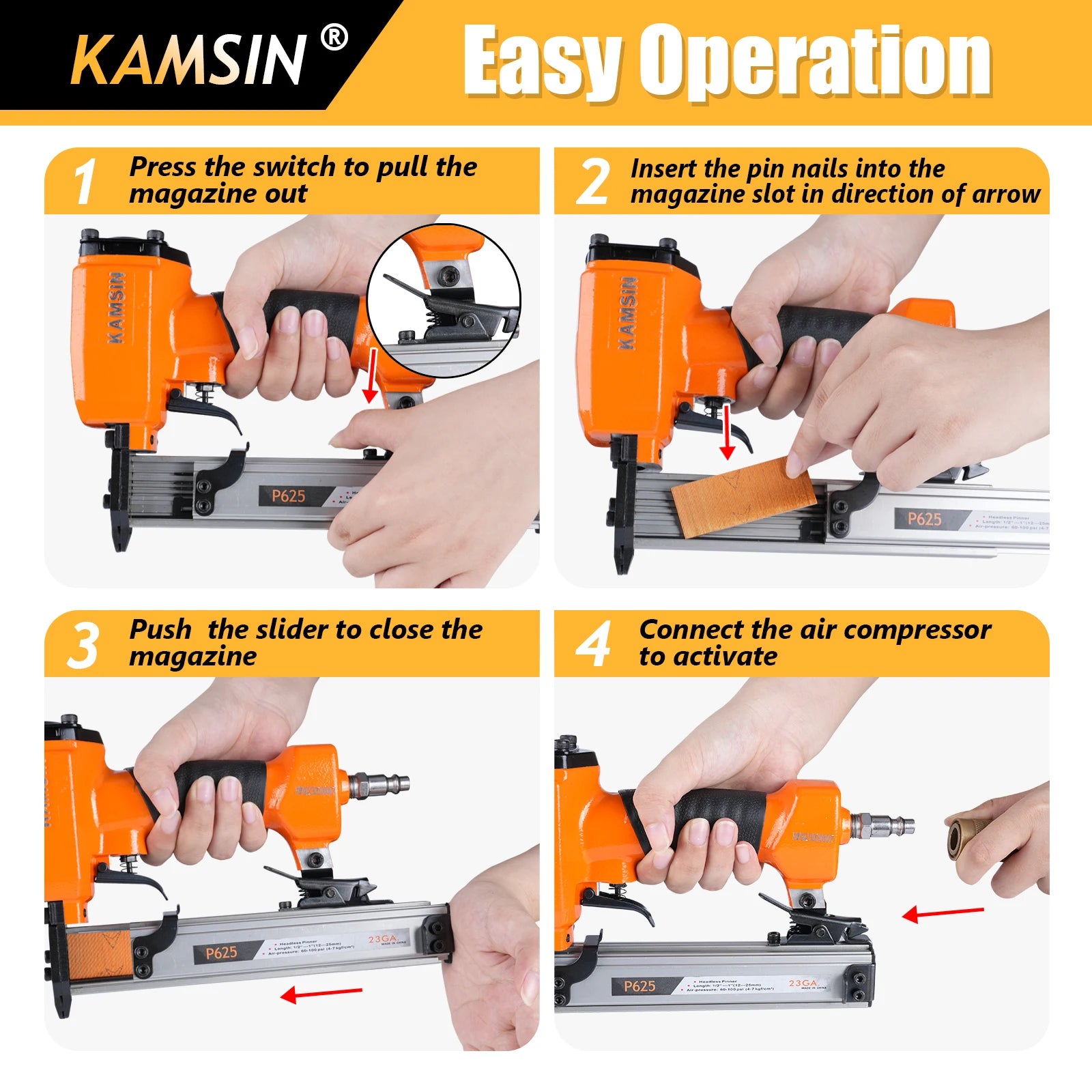 KAMSIN P625 23 Gauge Pneumatic Headless Pinner, Fits 10-25mm Pin Nails, Air Power Finish Nailer, for Interior Decoration