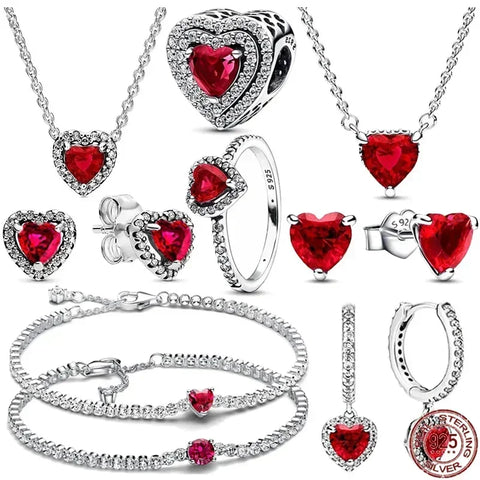 New 925 Sterling Silver Classic Exquisite Luxury Shiny Red Heart-shaped Series Jewelry fits DIY Festival Surprise Birthday Gifts