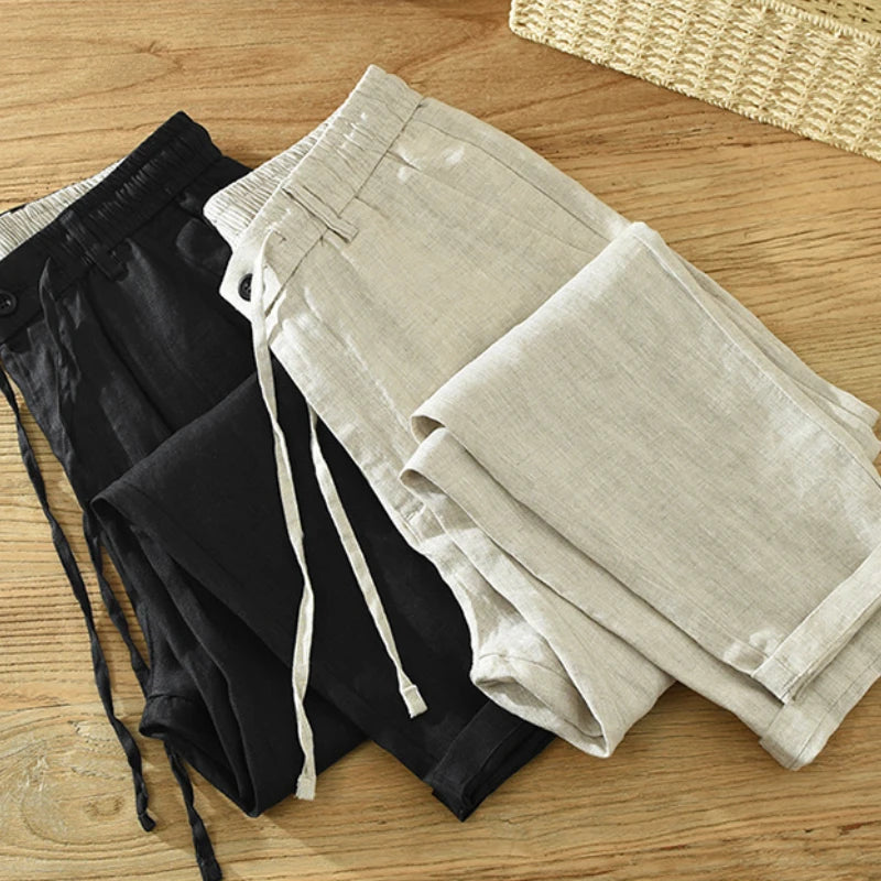 Summer New Casual Retro Pants for Men Clothing Pure Linen Breathable Loose Streetwear B3582