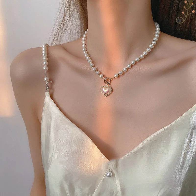 Elegant Women Girls Korean Style Pearl Heart Necklaces Fashion Vintage Luxury Chains Choker Casual Lady Pendants Collar Jewelry