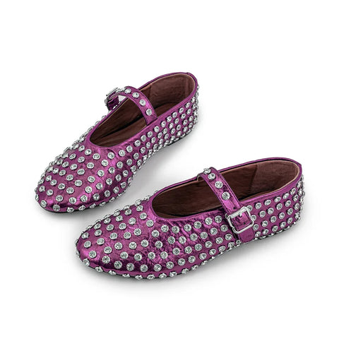 European and American Women's Fashionable Diamond Studded Mary Jane Single Shoes Casual Flat Bottomed Round Toe Buckle Shoes