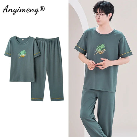 Mens Fresh Pajamas 3xl 4xl Sleepwear Short Sleeved Long Pants Cotton Leisure Pyjamas for Boy Plaid Pants Men Summer Nightwear