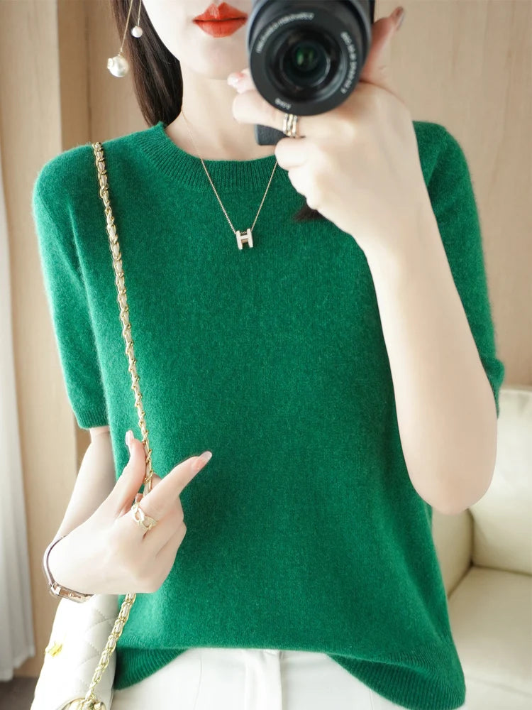 Spring and Summer New Short-sleeved Women O-neck Slim  Sweater