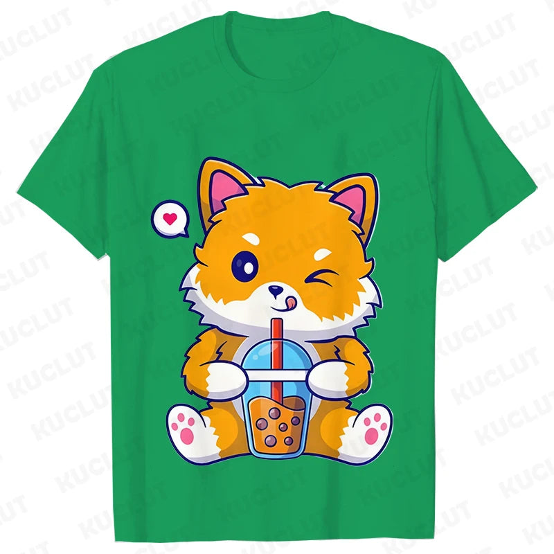 Boba Fox Drinking Print Blouse Women Clothing Fashion Kawaii Cartoon Fox Graphic T-shirts Anime Harajuku Tops Short Sleeve Tees