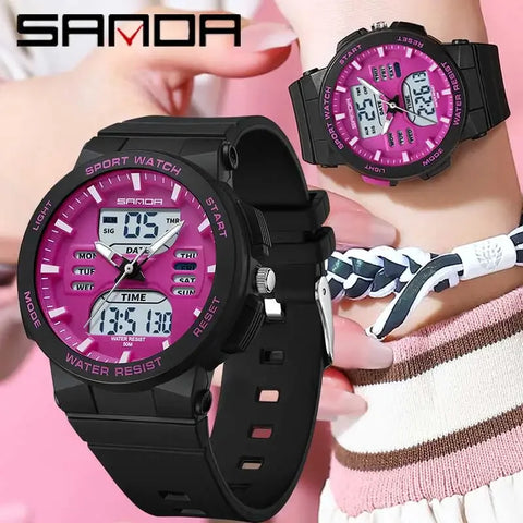 SANDA Luxury Ms LED Digital Sport Watch Fashion Casual Ladies Dual Display Watch Women Girl Military Waterproof Quartz Watches