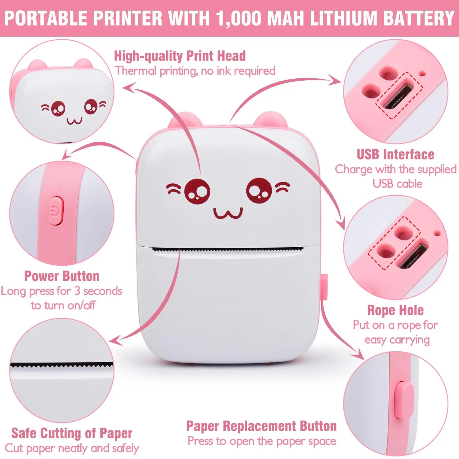 Portable Mini Thermal Printer Wireless BT 200dpi Photo Label Memo Wrong Question Printing with USB Cable No Ink Print