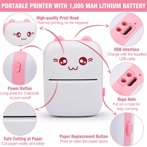 Portable Mini Thermal Printer Wireless BT 200dpi Photo Label Memo Wrong Question Printing with USB Cable No Ink Print