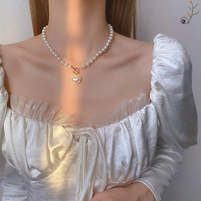 Elegant Women Girls Korean Style Pearl Heart Necklaces Fashion Vintage Luxury Chains Choker Casual Lady Pendants Collar Jewelry