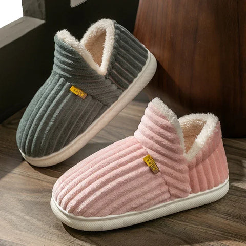 Winter Couple Style Simple Stripes Wrap Heels Plush Slippers Male Non-slip Soft Warm Flip Flops Men Home Casual Cotton Shoes