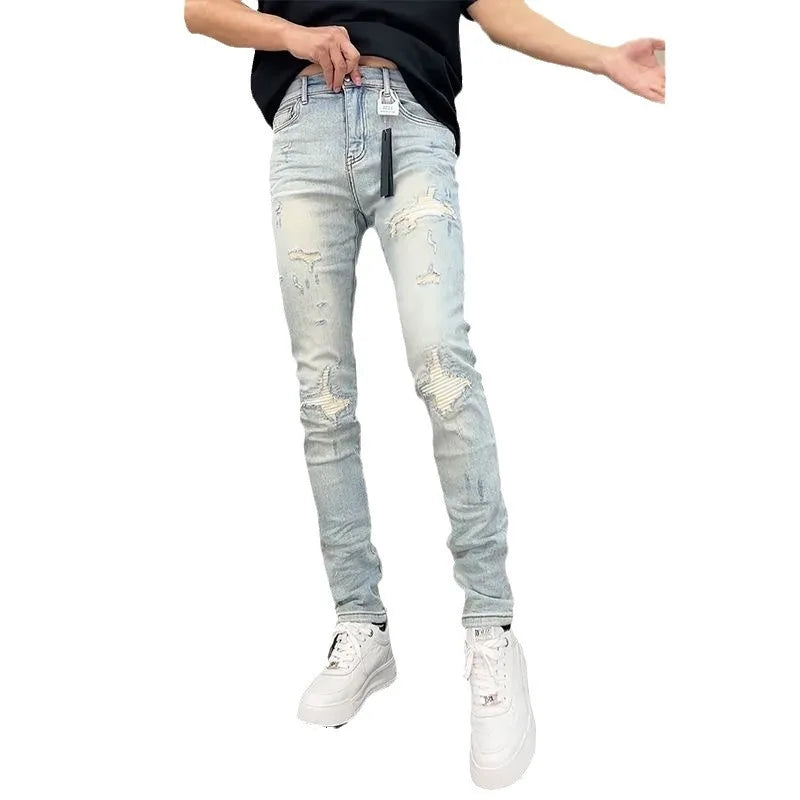 New Korean Luxury Clothing High Quality Jeans for Men Fashion Slim Fit Pencil Pants with Holes Summer Casual Denim Trousers Male