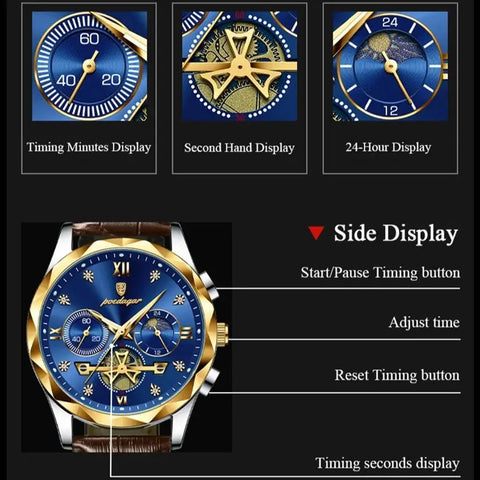 POEDAGAR Luxury Watch for Man Sports Leather Men Quartz Watch Waterproof Luminous Chronograph Men's Watches Male Clock Reloj+box