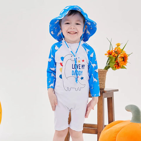 Baby Swimsuit One-Piece Bathing Suit Boy with Sun Cap UPF50 UV Protection Long Sleeve Dinosaur Children's Swimwear for Toddler