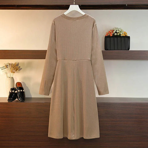 New V-Neck Long Sleeve Knitted Dress Black Apricot Khaki