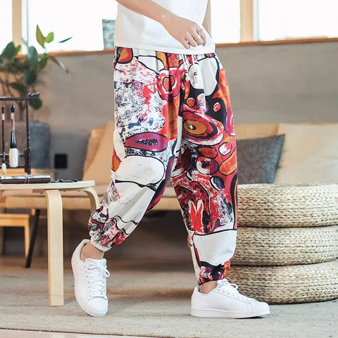 Men Harem Pants Joggers Printed Drawstring Drop-Crotch