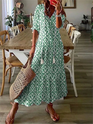 Vintage Print Bohemian Dress Summer Fashion V Neck Half Sleeves Long Dresses