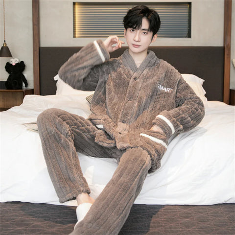 Men Winter Warm Flannel Pajamas Set V-neck