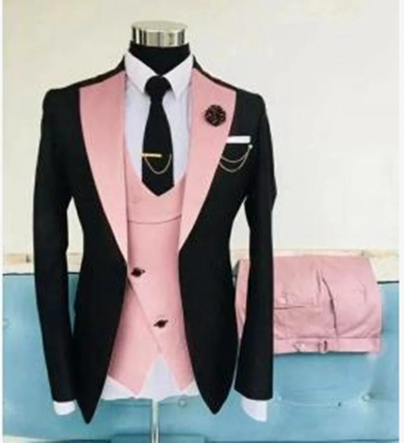 Men Suits 3 Pieces Tailored Best Man Groom Wedding Tuxedo Slim Fit Jacquard Two-color Blazer Jacket  Vest Pants Tuxedo Clothing