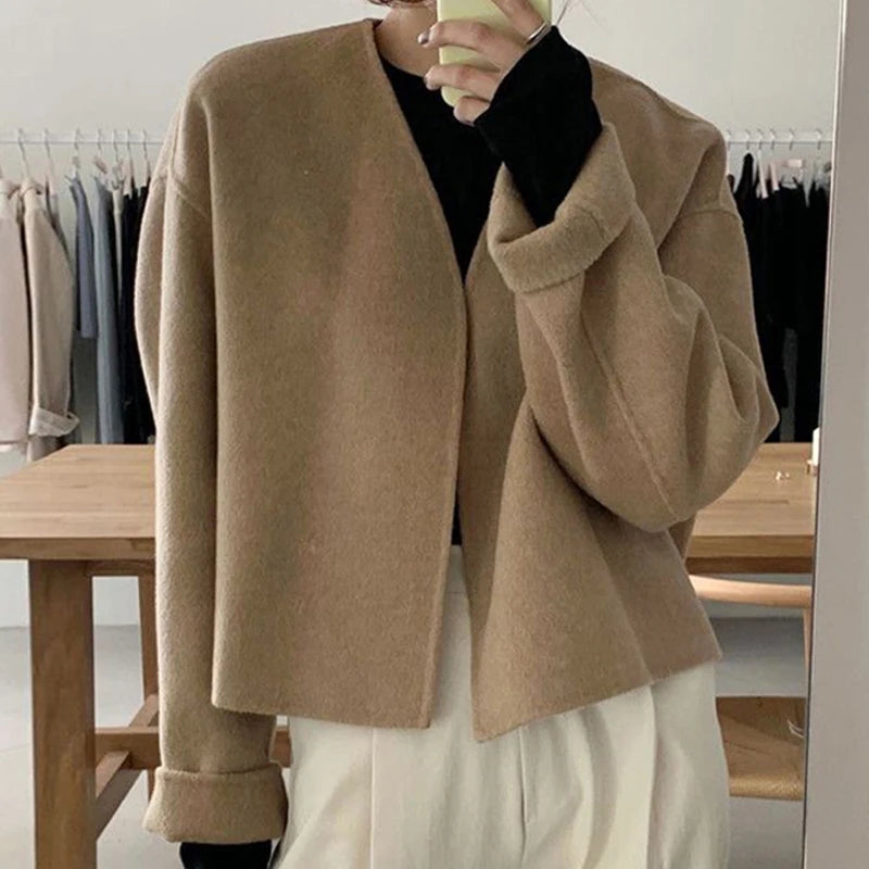 Chaquetas Para Mujer Khaki Quilted Coat Short Wool & Blends V Neck Long Sleeve Winter Jacket Women Woolen Jaqueta Feminina