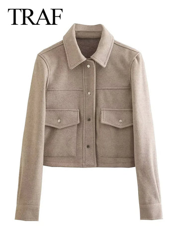 Women's Button Down Turndown Collar Jacket Female Soft Tweed Casual Coats