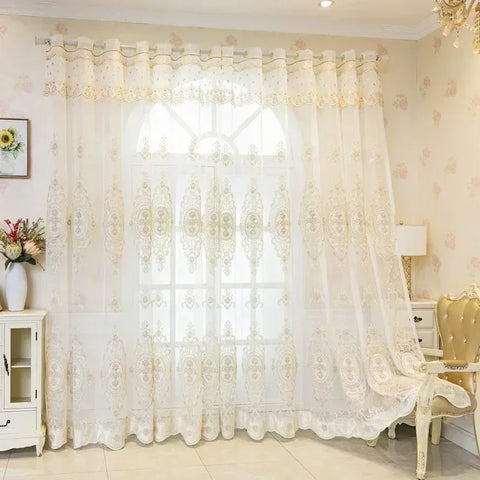 Luxury Embossed Embroidered Double Layer Curtains for Living Room Blackout 3D Floral Pearl Sheer Tulle Bedroom Decor Custom lace