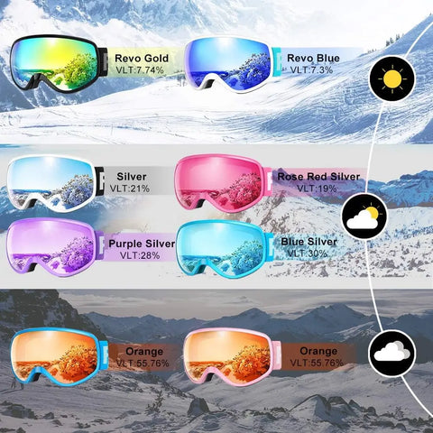 Findway Ski Goggles Kids Anti-Fog 100% UV Protection for 3-10 Years Old Boys/Girls Skiing Snowboarding Compatible with Helmet