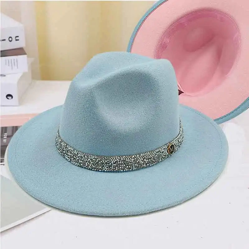 Sky Blue Diamond Band Wool Fedora Hats Jazz Cap