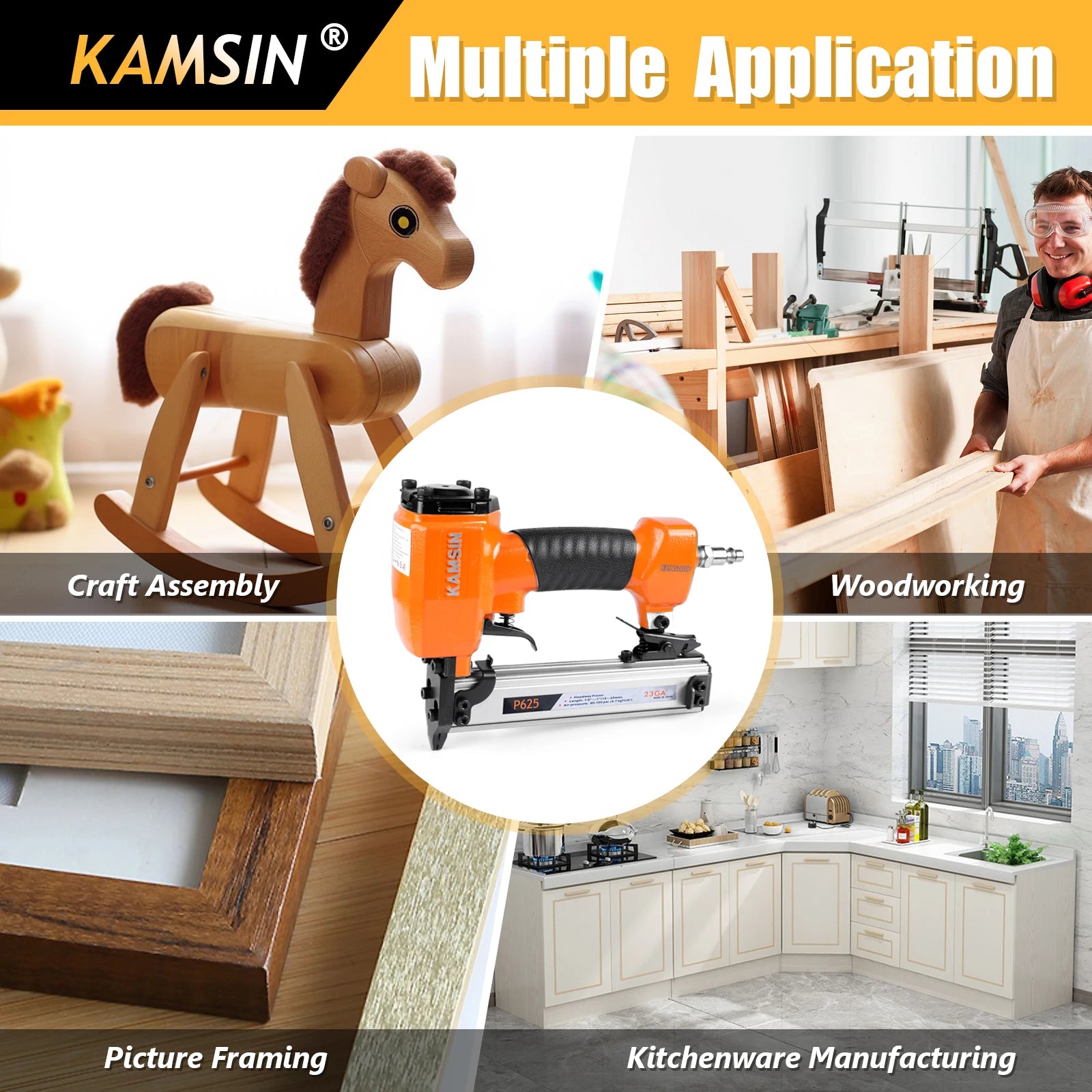 KAMSIN P625 23 Gauge Pneumatic Headless Pinner, Fits 10-25mm Pin Nails, Air Power Finish Nailer, for Interior Decoration