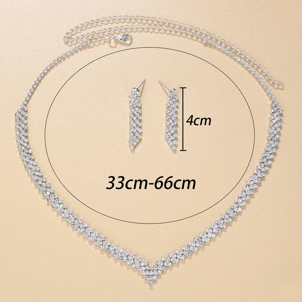 Elegant Rhinestone Crystal Bridal Jewelry for Women V Shape Choker Necklace Earrings Sets Fashion Wedding Jewelry Sets Gift