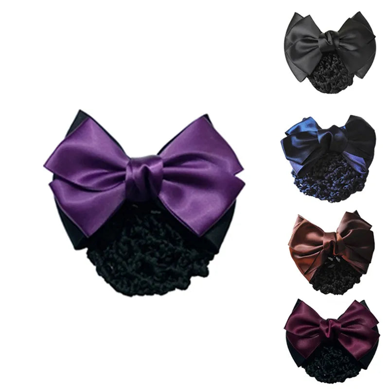 Satin Bow Hair Net Barrette Flight Attendant Ribbon Hair Clip Hair Bun Cover Net Headwear Fashion Snood Women Hair Accessories