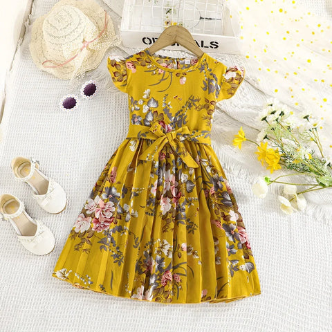 Dress For Kids 5-14 Years old Birthday Cute Floral Ruffled Sleeve Pleated Skirt Princess Dresses Ootd For Baby Girl