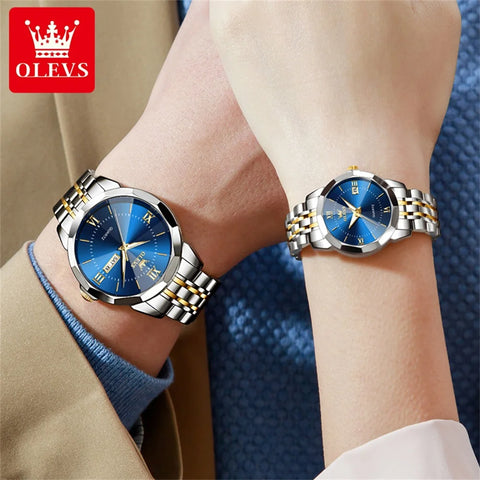 OLEVS NEW Couple Watches for Men Women Prismatic Mirror Stainless steel Lover's Quartz Watches Hers and His Wristwatch Set Gift