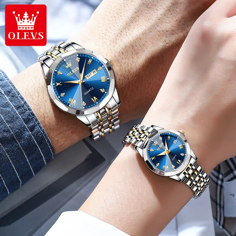 OLEVS 9931 Couple Watch Rhombus Mirror Waterproof Solid Stainless Steel Band Men's Women's Lover Quartz Watch Luxury Watch Set