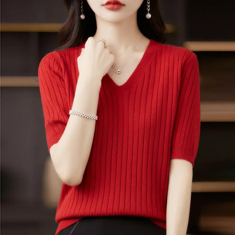 Women Sweater Short Sleeve V-neck Stripe Knitwears