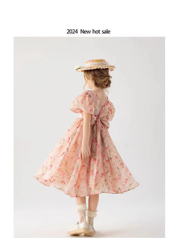 kids Holiday style dress for Girls Elegant Children Summer Chiffon Kids Flower Puff Short Sleeve Ball Gown Princess Dresses