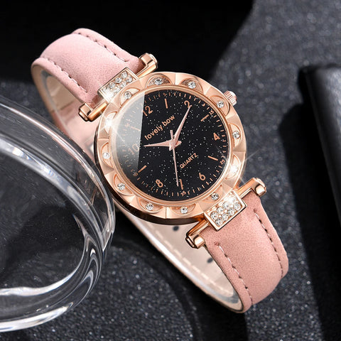 Fashion Ladies Watch 6PCS/Set Round Quartz Wristwatch Pink Leather Strap Fashion Casual Watch  Jewelry Gift For Her