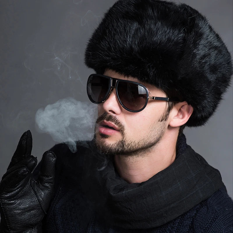 Men Bomber Hat Warm Thicken Faux Fur Earflap Russian Caps Male