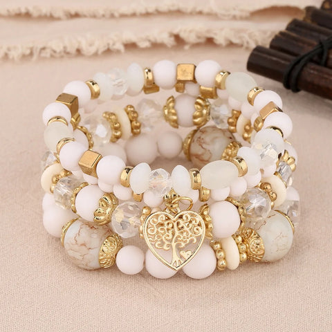 New Acrylic Beads Chain Bracelet Set For Women Tree Of Life Charm Elastic Bangle Female Bohemian Jewelry Accessories