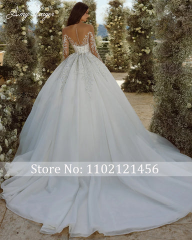 Classic Scoop Neck Long Sleeves Ball Gown Wedding Dress 2024 Luxury Beading Appliques Shiny Princess Bridal Gown Robe De Mariage