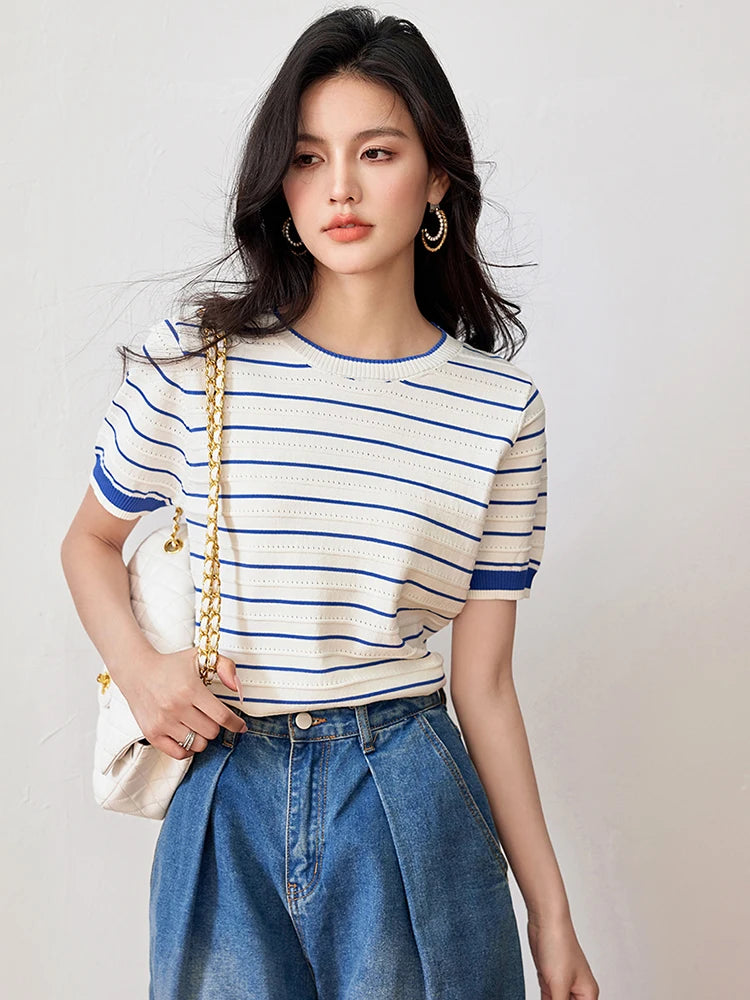 Summer Short Sleeve Striped T-Shirts Women Knitted Basic Casual Tops Female Cozy Loose Tee 2024 Harajuku Pullover