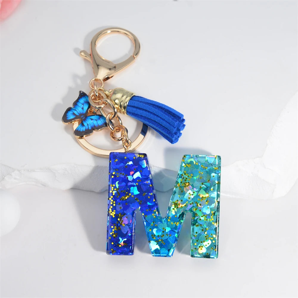 26 English Alphabet Letter Tassels Keychain Crystal Acrylic Butterfly Pendent Key Chain Women Gift Fashion Jewelry Accessories