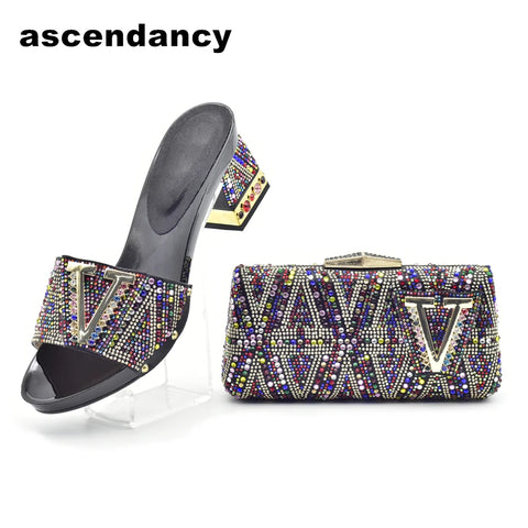 Ladies Shoes with Matching Bags Set Decorated Wth Rhinestone Party Shoes