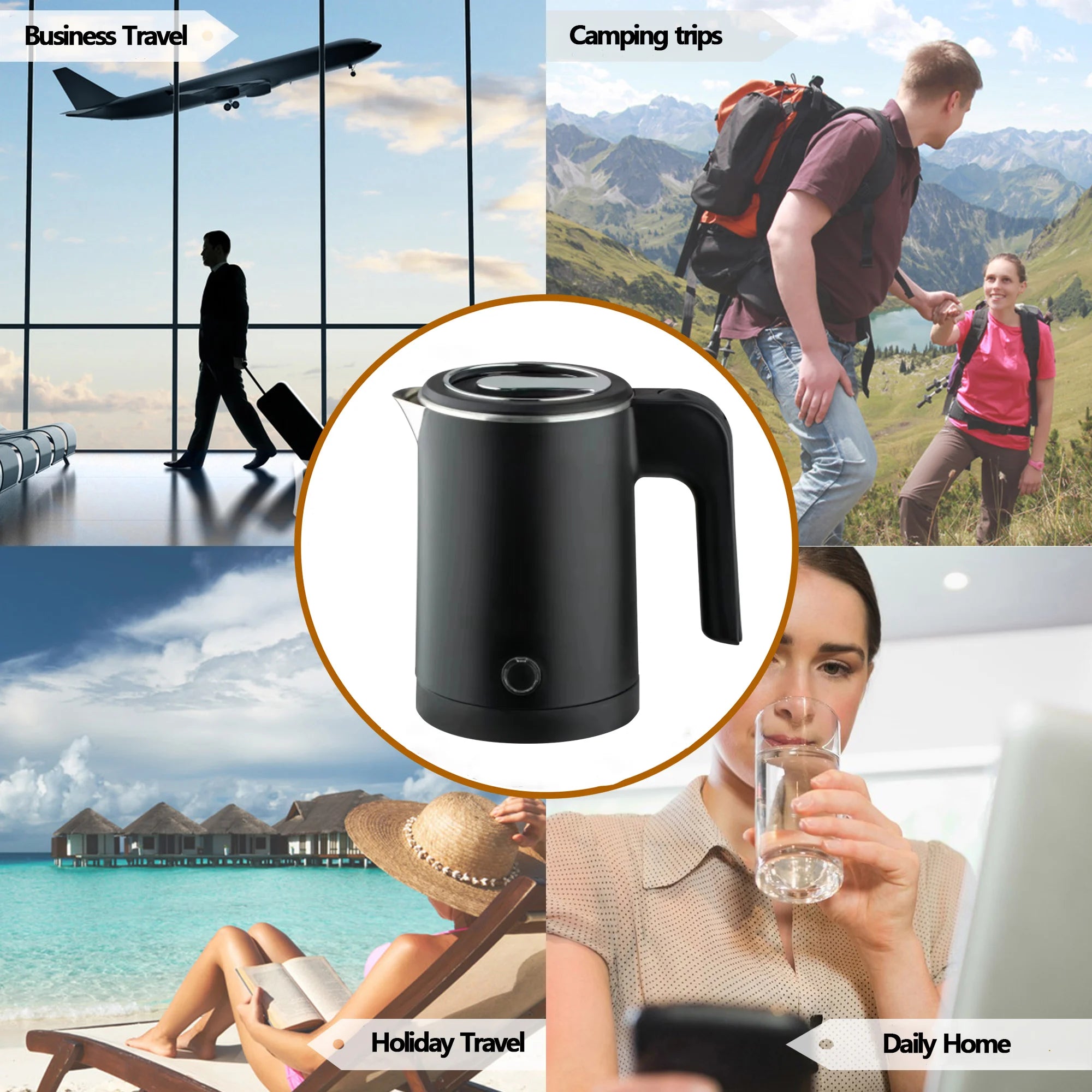 Travel Electric Kettle Tea Coffee 0.8L Stainless Steel Portable Water Boiler Pot